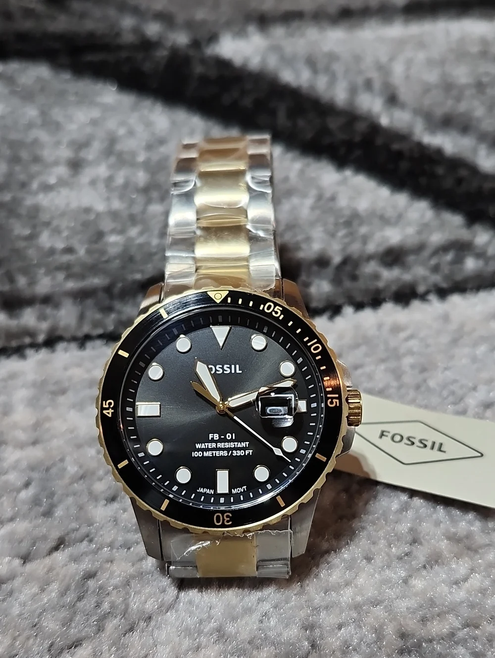 FOSSIL BLUE DIVE FB-01 TWO-TONE STAINLESS STEEL SILVER/BLACK THREE-HAND WATCH
